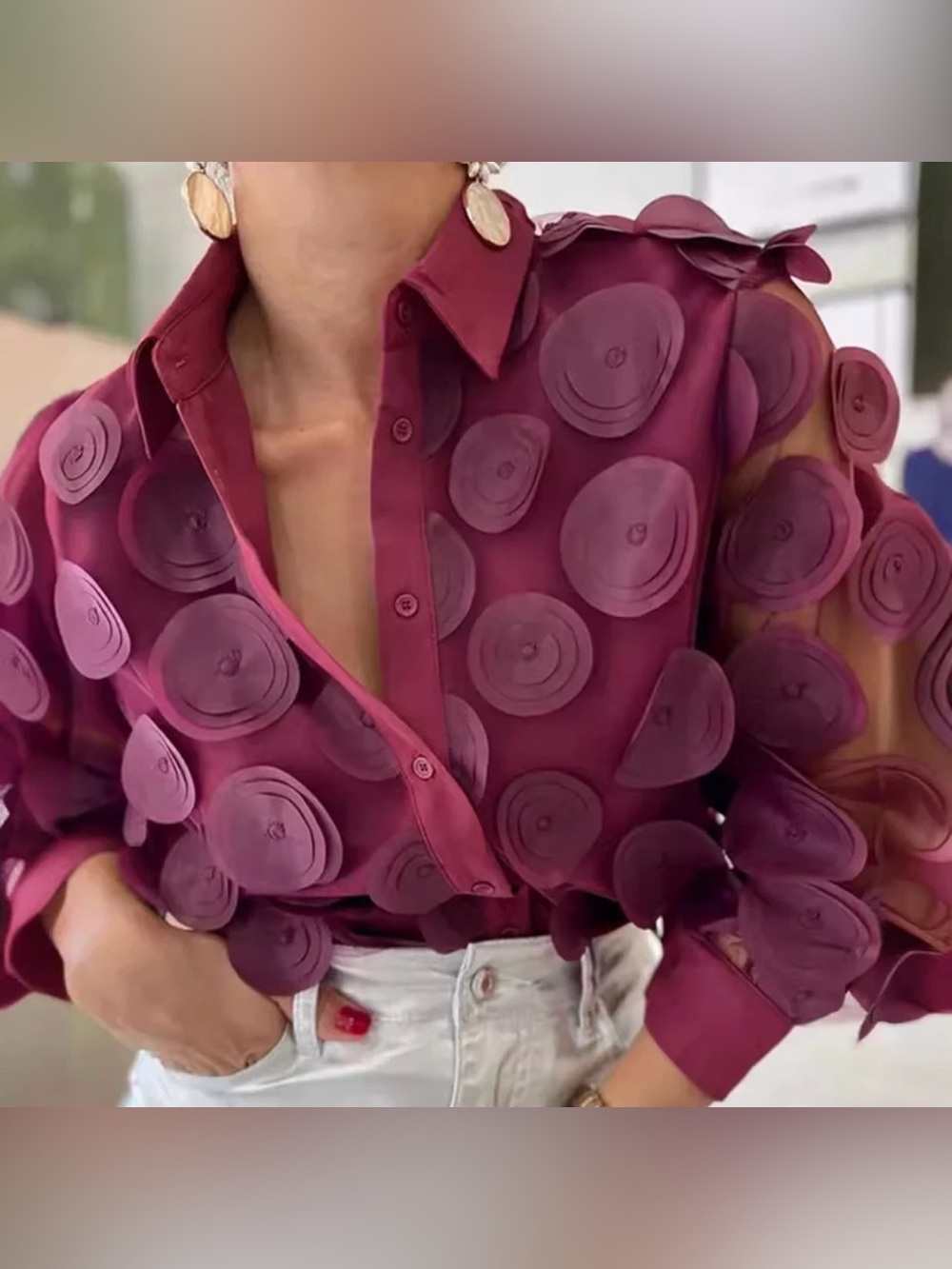Stylewe Blouse S Maroon Textural Applique Circles Boho Chic Elevated Casual